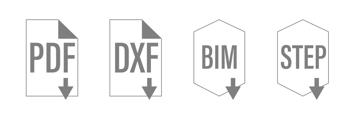 Four download icons: PDF, DXF, BIM and STEP