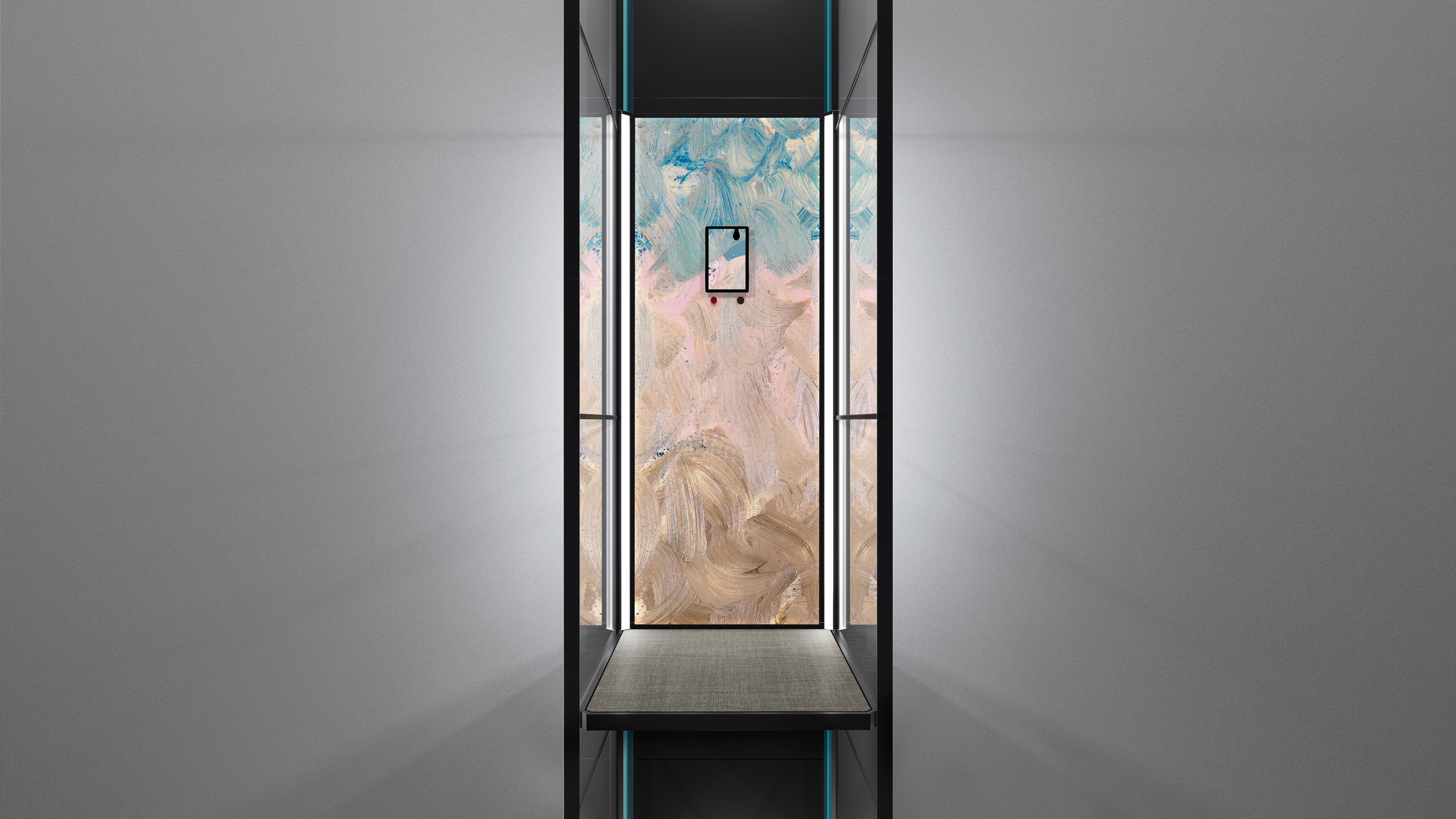 A DynaMaker rendering of a SWIFT home elevator with a painted art wall, seen through the open door